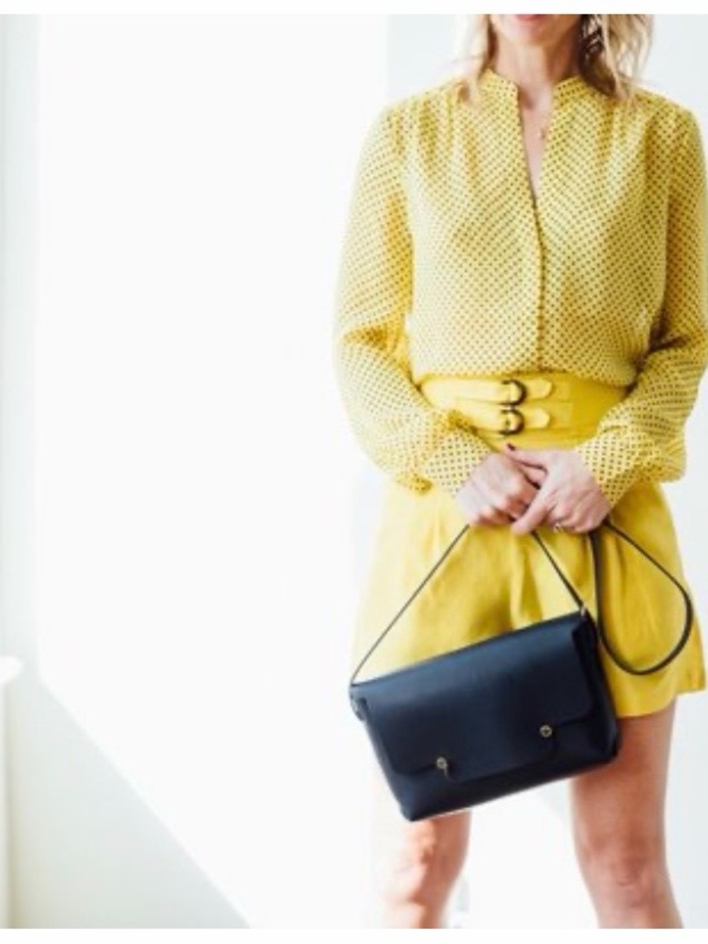 Joie Mustard Yellow 100% Silk Polka Dot V-Neck Blouse.